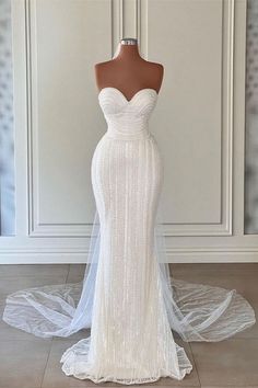 Gorgeous White Sweetheart Mermaid Wedding Gowns with Pearls-Wedding Dresses-BallBride Wedding Dresses Mermaid Long, Sweetheart Wedding Gown, Sweetheart Bridal Gown, Wedding Dress Mermaid, Wedding Dresses Mermaid, Bridal Gowns Mermaid, Fancy Wedding Dresses, Wedding Dress With Veil, Fancy Wedding