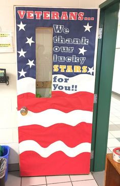 a door decorated with an american flag and we thank our lucky stars for you