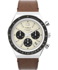 Q Timex Chronograph 40mm Leather Strap Watch Timex Chronograph, Brown Leather Strap Watch, Timex Watches, Wrist Game, Leather Strap Watch, Top Rings, Brown Leather Strap, Classic Watches, Stainless Steel Band