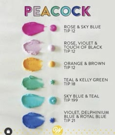 a poster with different colors of paint on it's side and the words peacock written in