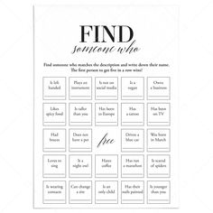 Icebreaker Bingo Find Someone Who Printable by LittleSizzle Networking Bingo Free Printable, Find The Person Who Game, Find Someone Who Bingo For Adults, Find Someone Who Activity, Mops Games, Find Someone Who Game, Find Someone Who Bingo, Icebreaker Bingo, Housewarming Games