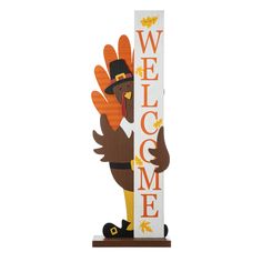 a wooden sign with a turkey holding a welcome sign