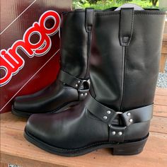 These Handsome Boots By Dingo Are Very Comfortable Thanks To The Soft Leather Upper And Cushion Insole. Features Include: Full Grain Leather Uppers Oil Resistant Rubber Outsole Three Strap Harness Full Cushion Sock Liner No Slip Rubber Outsole Brand New With The Original Tags And Box Western Black Boots With Vibram Sole, Black Western Boots With Vibram Sole, Black Western Boots With Leather Footbed, Western Style Black Moto Boots With Leather Footbed, Western Style Black Moc Toe Waterproof Boots, Black Waterproof Boots With Leather Sole And Snip Toe, Black Moto Boots With Steel Toe And Moc Shape, Black Moto Boots With Steel And Moc Toe, Black Moto Boots With Steel Toe Moc Shape