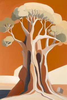 a painting of a tree in front of an orange sky with trees on the other side