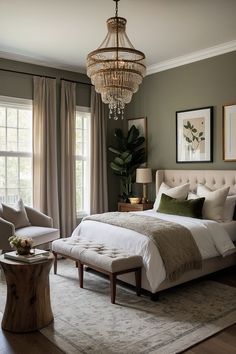 a bedroom with a large bed, chandelier and two chairs in front of the window