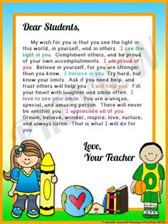 a poster with the words dear students, and two children standing next to each other