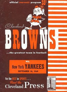 the cleveland browns football program is shown in an orange and white striped book with black lettering