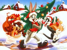 an image of cartoon characters in the snow with christmas trees on their heads and tails