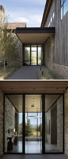 two pictures of the inside and outside of a house with glass doors on both sides