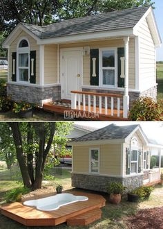 the before and after pictures of a tiny house with a hot tub on the porch