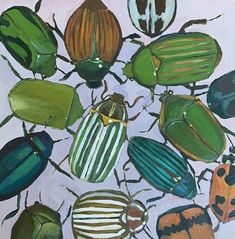 a painting of many different colored bugs