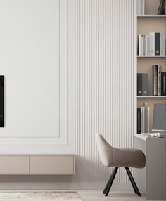 a living room with white walls and a tv on top of a shelf next to a chair