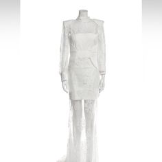 Description Zhivago Evening Gown White Long Sleeve With Mock Neck Exposed Zip Closure At Back Includes Designer Garment Bag & Shoulder Pads Fit:Dresses By Zhivago Typically Fit True To Size. Bust: 31.75" Waist: 28" Hip: 27" Length: 58.75" Color: White Fabric: Not Listed, Feels Like Polyester. Clothing Size: M Designer Fitted Evening Dress For Wedding, Designer Fitted Wedding Evening Dress, Designer Long Sleeve Wedding Dresses, Designer White Wedding Dress, Summer Dress Trends, Hand Dress, Summer Cocktail Dress, Chiffon Summer Dress, Summer Formal Dresses