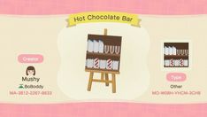 an animal crossing game showing the hot chocolate bar and other items for sale on display