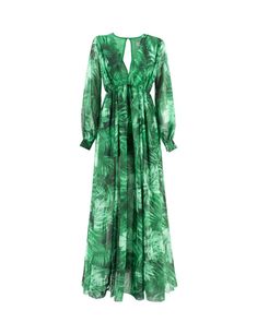 Long dress featuring all over floral print, back button fastening, V neck, button cuffs, regular fit. Composition: 100% PL Elegant Green V-neck Floral Dress, Chic V-neck Midi Dress With Tropical Print, Formal Printed V-neck Dress, Chic Floral V-neck Dress For Formal Occasions, Elegant Green Floral V-neck Dress, Long Sleeve Printed Formal Dresses, Formal Printed Long Sleeve Dresses, Elegant Long Sleeve Floral Dress For Vacation, Formal Long Sleeve Printed Dress