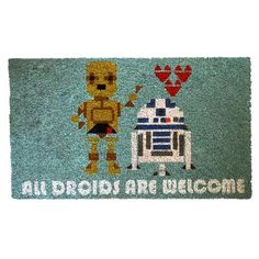 a door mat with an image of a robot holding a heart