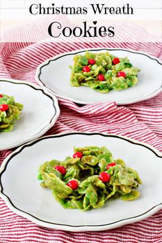 three white plates with christmas wreath cookies on them and the text overlay reads, christmas wreath cookies