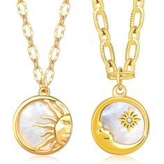 PRICES MAY VARY. 🌟【TRENDY DESIGN】- The sun and moon coin necklace is designed with a sun and moon pendant connected by a paperclip chain, simple and stylish. The sun necklace is very beautiful and eye-catching, and the Crescent Moon pendant is surrounded by a halo of small crystal star. We've infused each Disk Pendant with the ethereal glow of Mother of Pearl, which lends an iridescent touch to the Sun & Moon designs. 🌟【SUN AND MOON CELESTIAL TAROT JEWELRY】- The sun and moon necklace set is in Tarot Jewelry, Sun And Moon Jewelry, Celestial Nails, Necklace For Couples, Sun And Moon Tarot, Matching Necklaces For Couples, Sun And Moon Necklace, Moon Designs, Sun Necklace