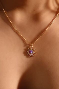 14K Real Gold Plated Purple Opal Sun Necklace – Cutethingscommin Gold Sun Bracelet, Rapunzel Sun Necklace, Tangled Sun Necklace, Tangled Inspired Jewelry, Gold Elegant Jewelry, Gold Jewelry Aesthetic Necklaces, Sun Necklace Aesthetic, Necklaces Purple, Sun Accessories