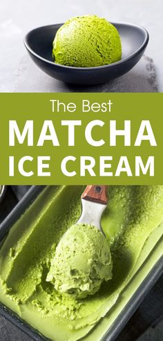 the best matcha ice cream is in a black bowl and on a tray with a spoon