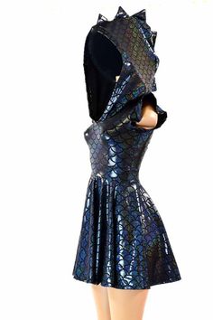 Black Spiked Dragon Scale Hoodie DRESS with by CoquetryClothing Holographic Black, Hoodie Romper, Black Holographic, Dragon Costume, Silver Holographic, Peplum Tops, Black Mermaid, Silver Mermaid, Blue Mermaid