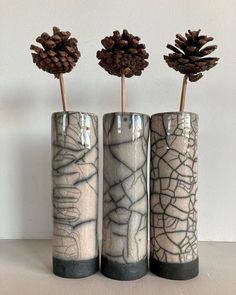 three vases with pine cones in them on top of a table next to each other