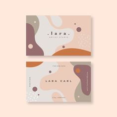 two business cards with an abstract design on the front and back, both in pink and brown