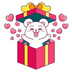 a cartoon bear is opening a gift box with hearts around it and the caption says, happy valentine's day