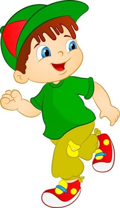 a little boy wearing a green shirt and yellow pants is running with his hands in the air