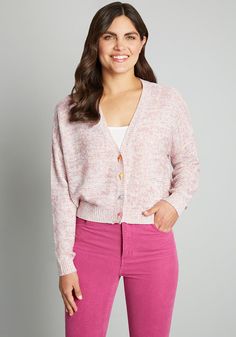 Sweetness makes the world go round in this precious pink cardigan. Cropped Button Up Sweater, Drop Stitch, Ice Cream Social, Stitch Fabric