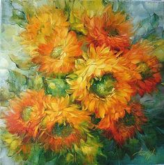 an oil painting of yellow and orange flowers