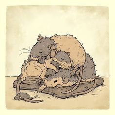 an illustration of a mouse and two mice hugging each other on the floor with a mouse in it's mouth