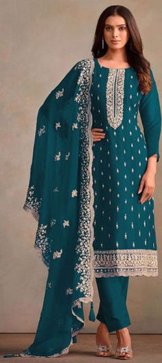 Blue color Salwar Kameez in Organza Silk fabric with Embroidered, Thread work Salwar Kameez Mens, Wedding Salwar Suits, Patiyala Dress, Lehenga Suit, Trouser Suit, Teal Blue Color, Embroidered Organza, Designer Salwar Suits, Silk Trousers