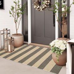 a front door with two planters and flowers on the mat