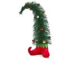 a green christmas tree with red stockings on it's legs and decorations hanging from the top