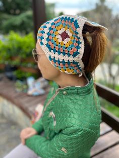 Colorful Bandana, Triangle Hair Scarf, Crochet Bandana, Hair Kerchief, Boho Hair Scarf, Hippie Head Wrap, Cute Bandana, Bohemian Bandana, Knit Bandana, Women Accessory, Granny Square, Summer Hair Scarf, Retro Headband This cute crochet bandana is a very stylish and great product for daily use. Also a great gift for your friends.🎁 Suitable for any head shape. It can be easily adjusted with the string on the back of the bandana. Made of highest quality cotton, and anti allergic yarn. You may clean it with your washing machine with the sensitive mode and 30oC  ( 86oF ) or below temperatures. No Drying. 🫧 Ready to ship in 1-3 days✈️ This handmade hairband, We ship by FREE express shipping after your order is ready.🚀📦 Your tracking number will be provided to you as soon as after the shipmen Bohemian White Headband, Bohemian Headband Style Headscarf For The Beach, Traditional Handmade Multicolor Headband, Bohemian White Headband Headpiece, Traditional Multicolor Handmade Headband, White Bohemian Headband, Handmade Multicolor One Size Headwrap, Handmade Multicolor One-size Headwrap, Handmade Bohemian Headwrap