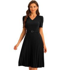 Upgrade your workwear wardrobe with the Allegra K Work Dress and exude confidence and sophistication every day. The pleated detailing adds texture and movement to the dress, adding an extra element of style. Pair it with your favorite heels or flats, add some accessories, and you're ready to conquer the office in style. V-neck Pleated Waist Dress For Work, Formal V-neck Pleated Dress With Pleated Hem, Fitted V-neck Pleated Dress With Pleated Sleeves, V-neck Pleated Dress With Pleated Sleeves For Work, Fitted Pleated Dress With Short Pleated Sleeves, Office Lady Style V-neck Midi Dress, Office Lady V-neck Midi Dress, Knee-length Office Dress With Pleated Back, Short Sleeve Midi Dress With Pleated Back For Work