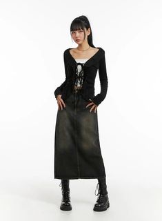 Denim Mid Waist Pocket Maxi Skirt CJ411 - Korean Women's Fashion | LEWKIN Long Black Skirt Fall Outfit, Mid Length Denim Skirt Outfit, Black Denim Maxi Skirt Outfit, Mid Length Skirt Outfit, Long Black Denim Skirt, Maxi Denim Skirt Outfit, Denim Maxi Skirt Outfit, Thrift Board, Maxi Denim Skirt