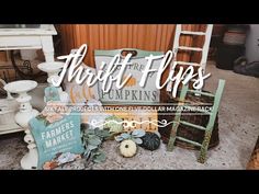 an advertisement for thrift flips with pumpkins and other items on the floor