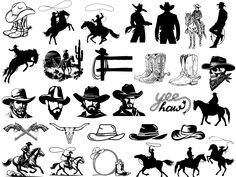 black and white silhouettes of cowboy hats, boots, lasso, horse, cowgirl