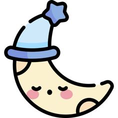 a cartoon crescent moon with a blue hat on it's top and eyes closed