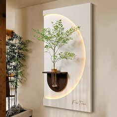 a potted plant sitting on top of a shelf next to a wall mounted mirror