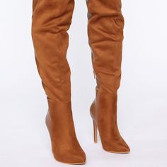 Available In Camel. 4.5 Inch Stiletto Heel. Two Tone Material Detail. Zipper Detail. Fitted Brown Heeled Boots With Closed Toe, Brown Suede Heeled Boots For Party, Brown Suede Evening Boots, Brown Suede Party Boots, Brown Suede Boots For Party, Party Suede Brown Boots, Equestrian Riding Boots, Dan Post Boots, Thigh High Suede Boots