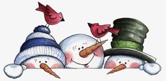 three snowmen with hats and two birds perched on them