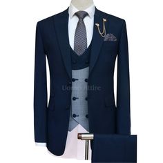 Tailor-made tapered fit zink blue three piece suit Pocket Shirt Design, Blue Three Piece Suit, Waistcoat Designs, Formal Attire For Men, Double Breasted Waistcoat, Custom Made Suits, Suit Shirt, Trouser Design, Dress Suits For Men