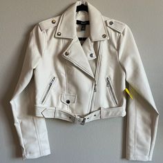 Forever 21 Size Small Nwt Color: Cream Faux Leather - 100% Polyurethane Shell, 100% Rayon Backing, 100% Polyester Lining Trendy White Leather Jacket With Long Sleeves, White Biker Leather Jacket For Spring, Trendy White Long Sleeve Leather Jacket, Forever 21 White Trendy Outerwear, White Biker Jacket With Zipper For Spring, Trendy White Outerwear From Forever 21, Chic White Forever 21 Outerwear, Maroon Leather Jacket, Brown Faux Leather Jacket