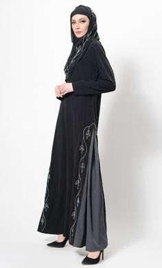 Black Abaya With Modesty Panel For Eid, Long Abaya With Modesty Panel For Eid, Eid Abaya With Modesty Panel, Black Long Abaya With Modesty Panel, Black Modest Dress For Eid, Modest Black Dress For Eid, Black Long Sleeve Maxi Dress For Eid, Evening Abaya, Abaya Dress