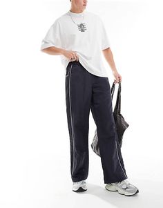 ASOS DESIGN baggy nylon track pants in navy with white piping | ASOS Nylon Track Pants, Contrast Piping, Suit Pants, Leather Dresses, Maxi Dress Trend, Active Wear Leggings, Skirt Leggings, Hoodies For Sale, Vans Old Skool