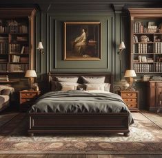 a bedroom with bookshelves, bed and painting on the wall above it's headboard