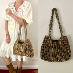 Oversized wooden bead bag. Size: M See photos for measurements  Tag: none condition: very good vintage condition Wooden Bead Bag, Beaded Rectangular Shoulder Bag In Natural Color, Beaded Natural Rectangular Shoulder Bag, Rectangular Beaded Shoulder Bag In Natural Color, Natural Beaded Rectangular Shoulder Bag, Natural Rectangular Bag With Wooden Beads, Rectangular Natural Bag With Wooden Beads, Gold Beaded Beach Bag, Gold Bohemian Rectangular Shoulder Bag